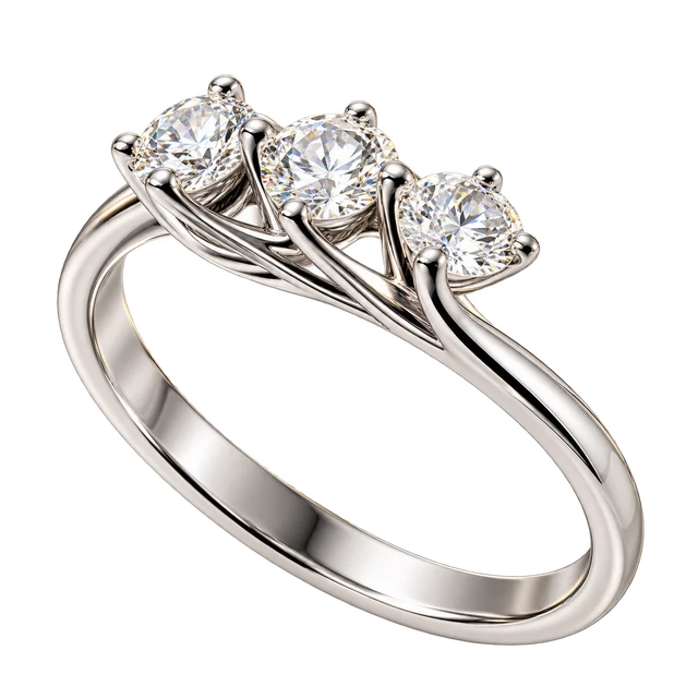The Three-Stone Ring, with its flowing white-metal setting