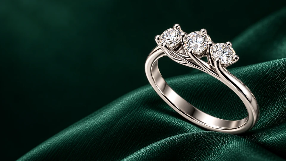 The Sear Three-Stone Ring on deep emerald silk