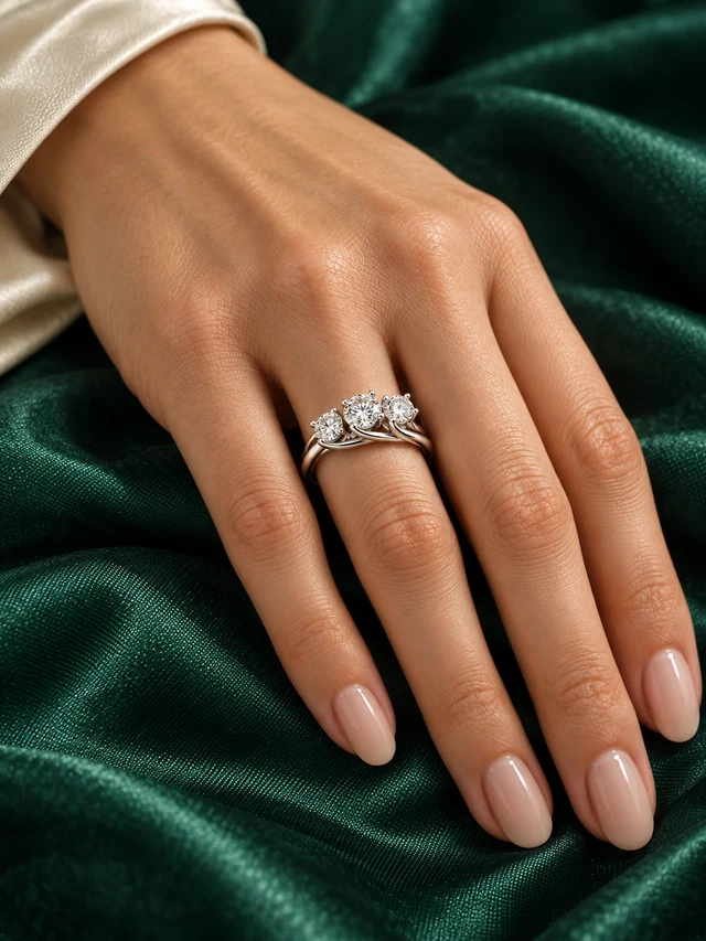 The three-stone ring worn on a hand resting on emerald silk